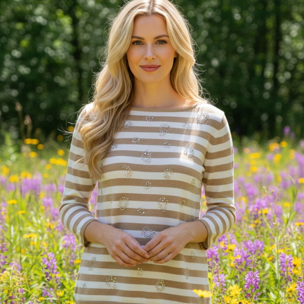 Ruby Rd L Tan Beige Cream Striped Sweater Cotton Lightweight Cottage Art Y2K
